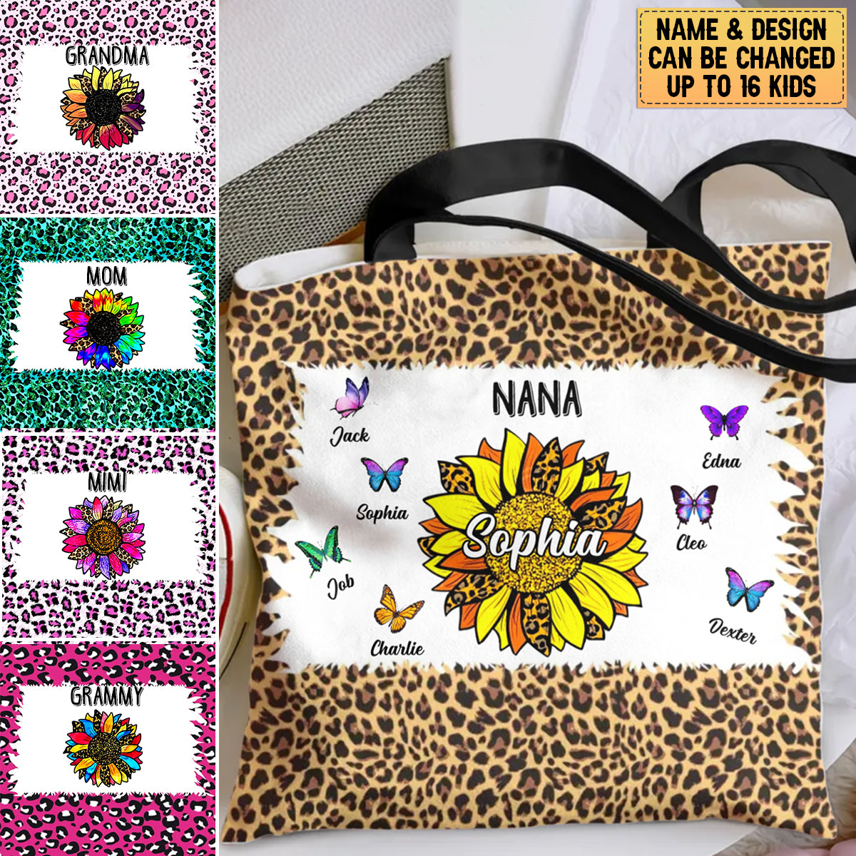 Personalized Grandma Sunflower & Butterflies with Kid Name Cloth Tote Bag