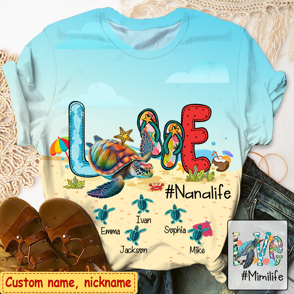 Personalized Turtle Love Grandma Life Beach T-Shirt