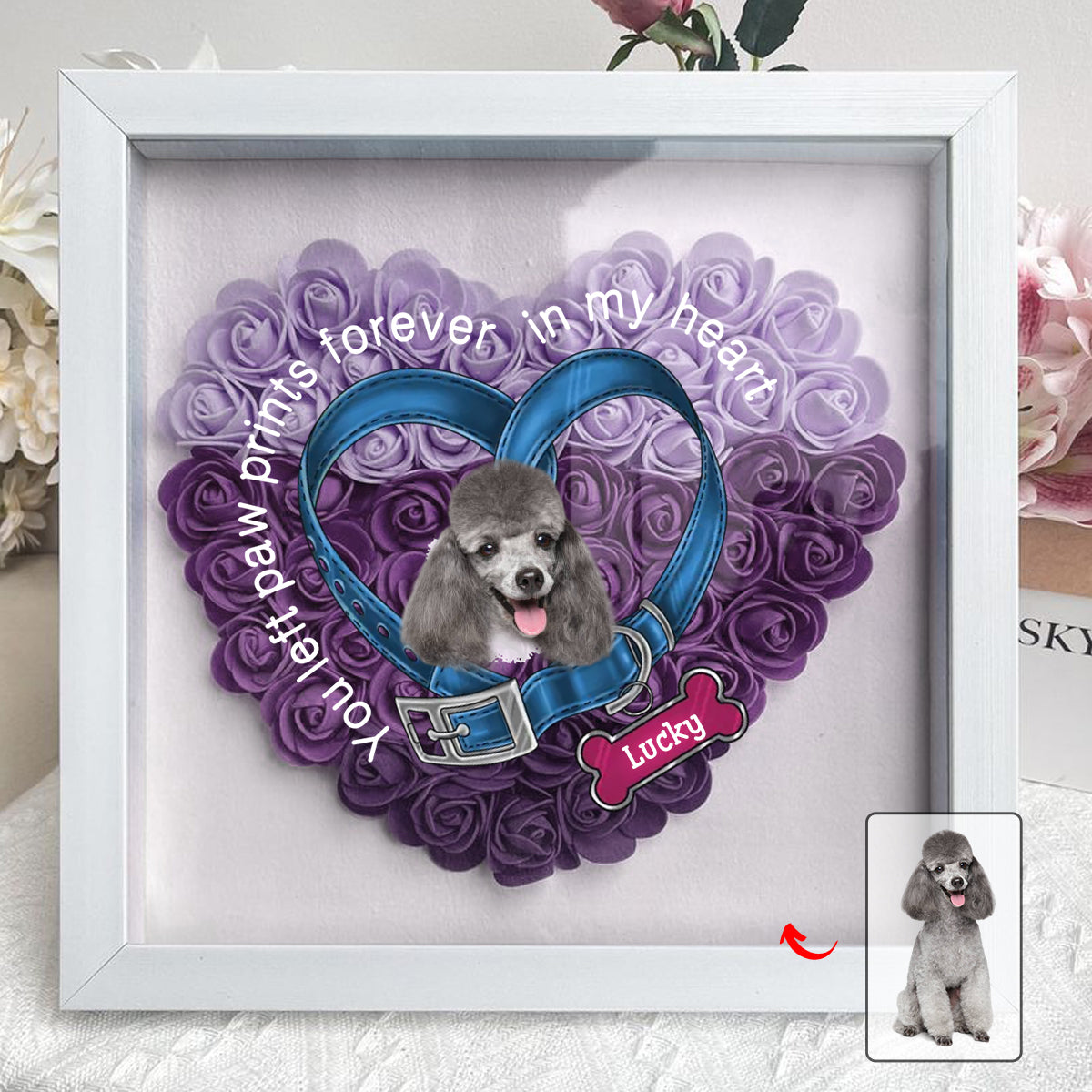 Personalized Dog Memorial Dog collar Heart Flower Shadow Box