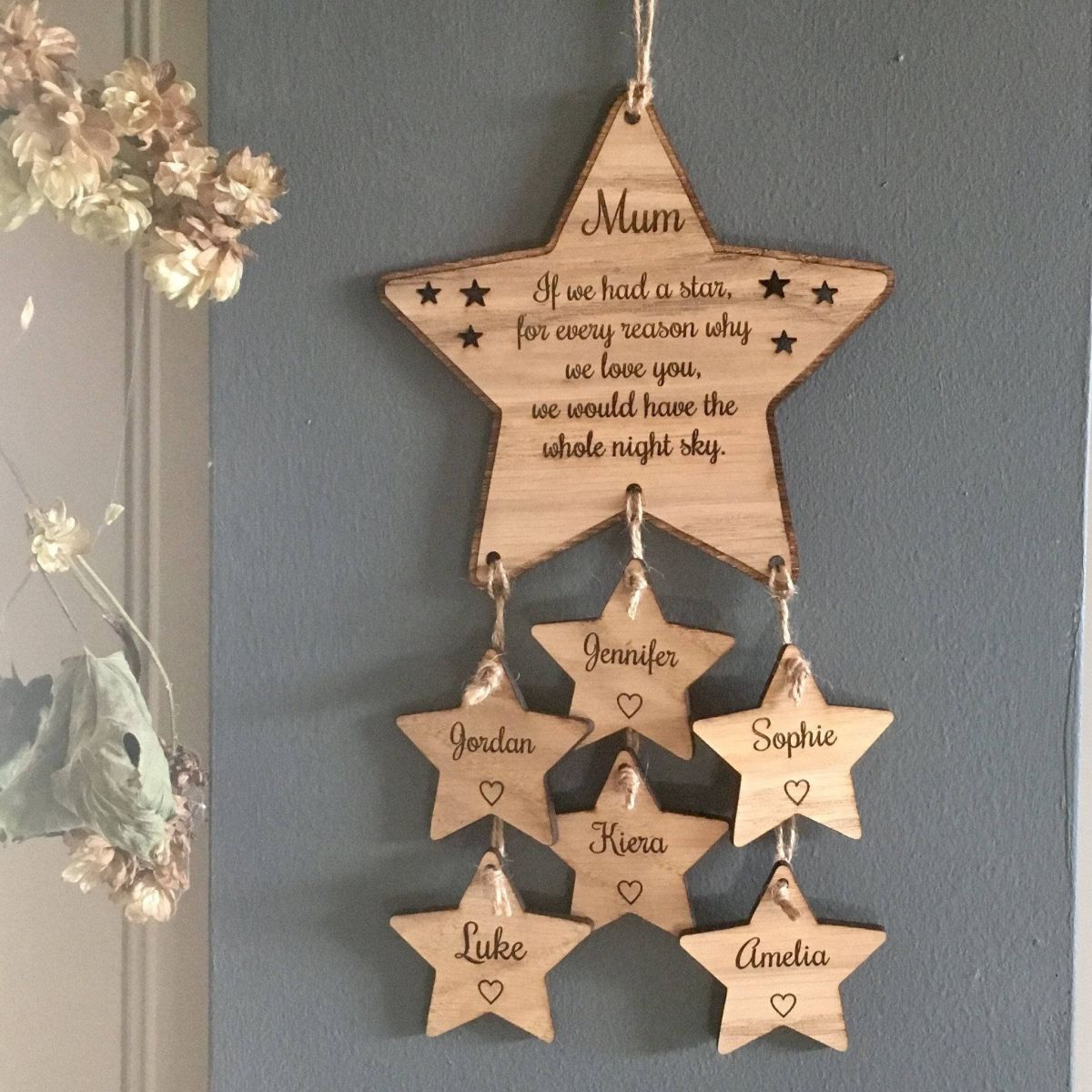 Personalised Hanging Family Stars Wood Sign