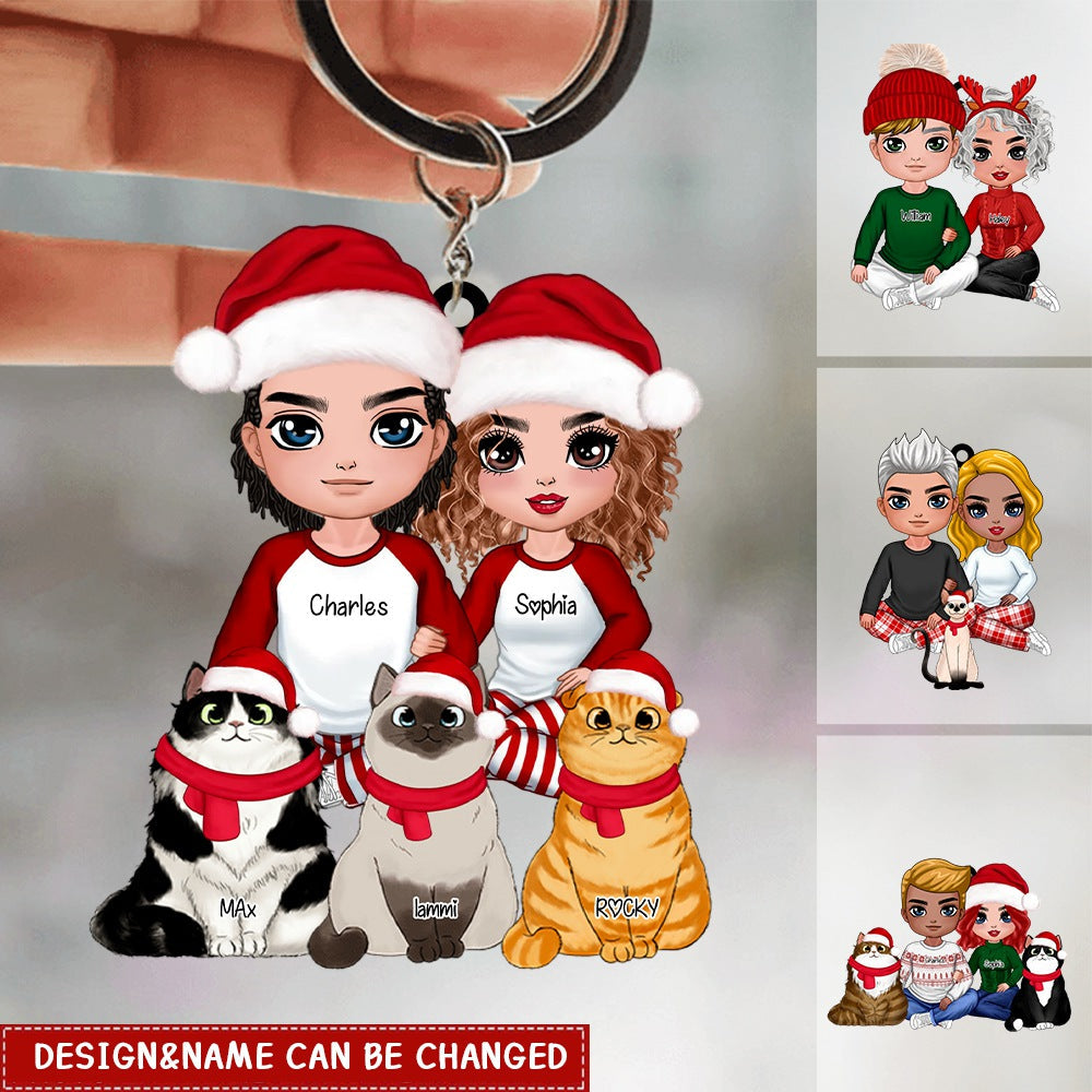 Doll Couple Sitting With Sitting Cats Personalized Acrylic Keychain