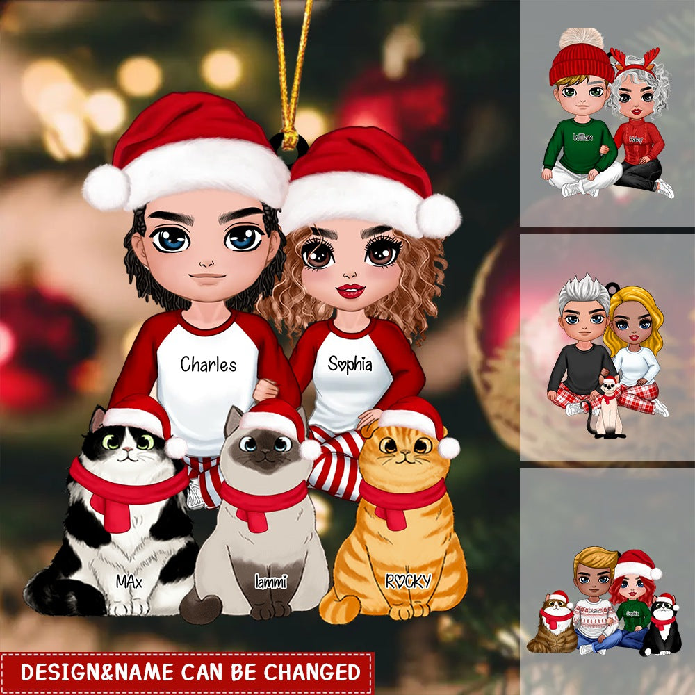 Doll Couple Sitting With Cat Christmas Personalized Acrylic Ornament