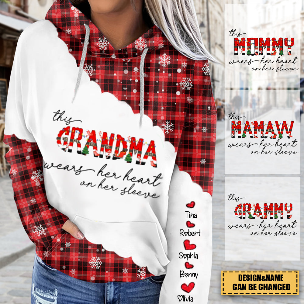 This Grandma wears her heart on her sleeve Christmas Vibe Personalized 3D Hoodie