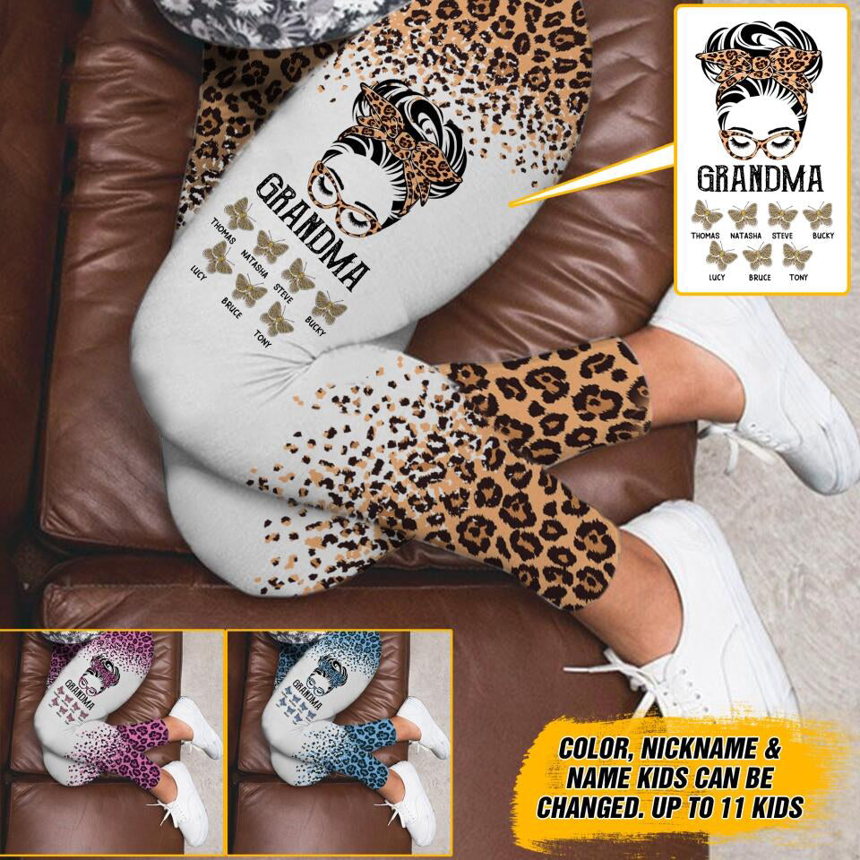Personalized Leopard Messy Bun Grandma with Butterfly Grandkids Leggings