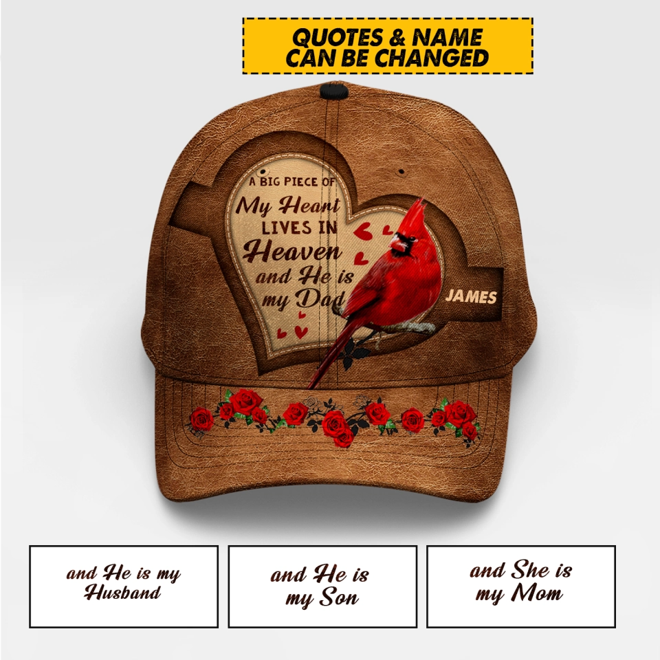 Personalized Dad And Mom Heart Lives In Heaven Peaked Cardinal Memorial Cap