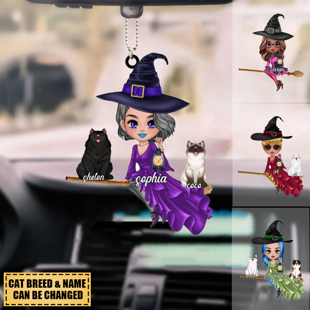 Witch Riding Broom Mystical Girl With Cute Cat Kitten Pet Personalized Ornament