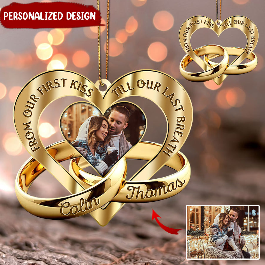 Personalized From Our First Kiss Couple Ring Heart Christmas Ornament