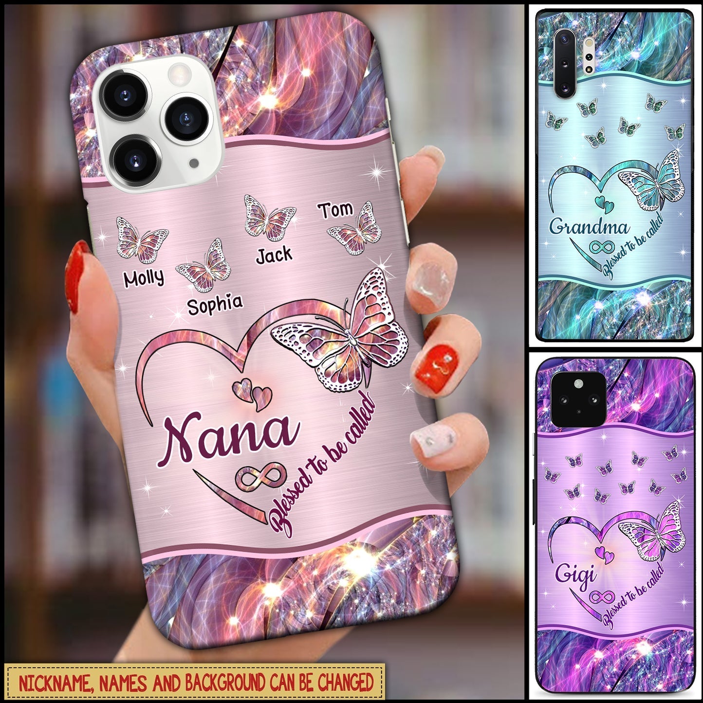 Sparkling Grandma-Mom Heart Butterfly Kids Personalized Phone Case