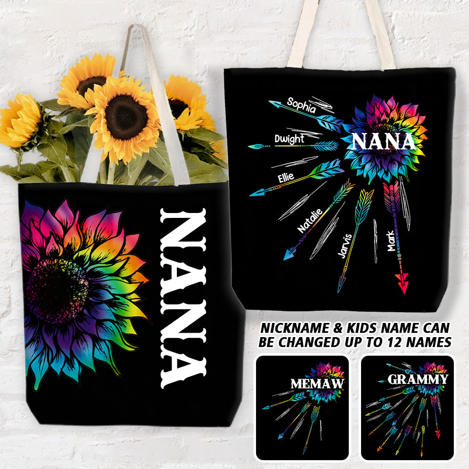 Personalized Grandma with Kid Name Tie Dye Sunflower Cloth Tote Bag