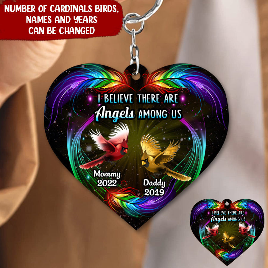 Personalized I Believe There Are Angels Among Us Cardinal Birds Feather Memorial Gift Heart Acrylic Keychain