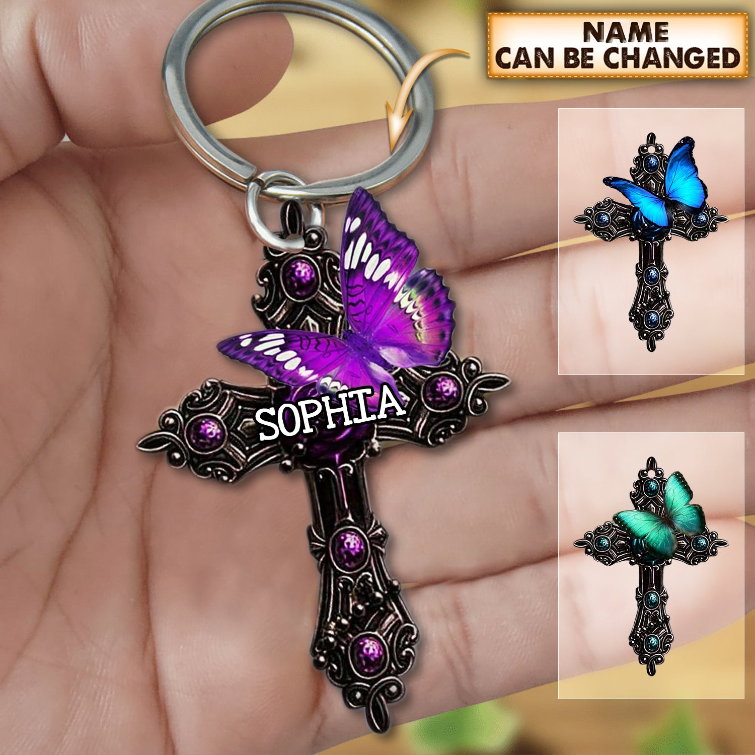 Personalized Butterfly pray for God Cross Keychain