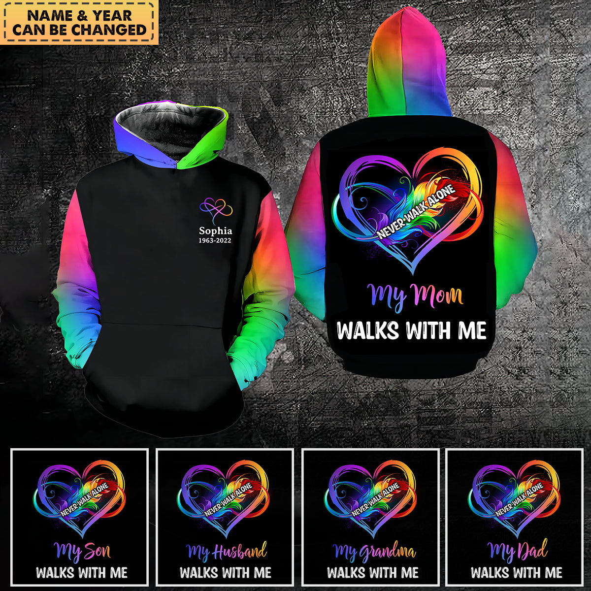 Personalized Never Walk Alone Rainbow Feather Heart Hoodie