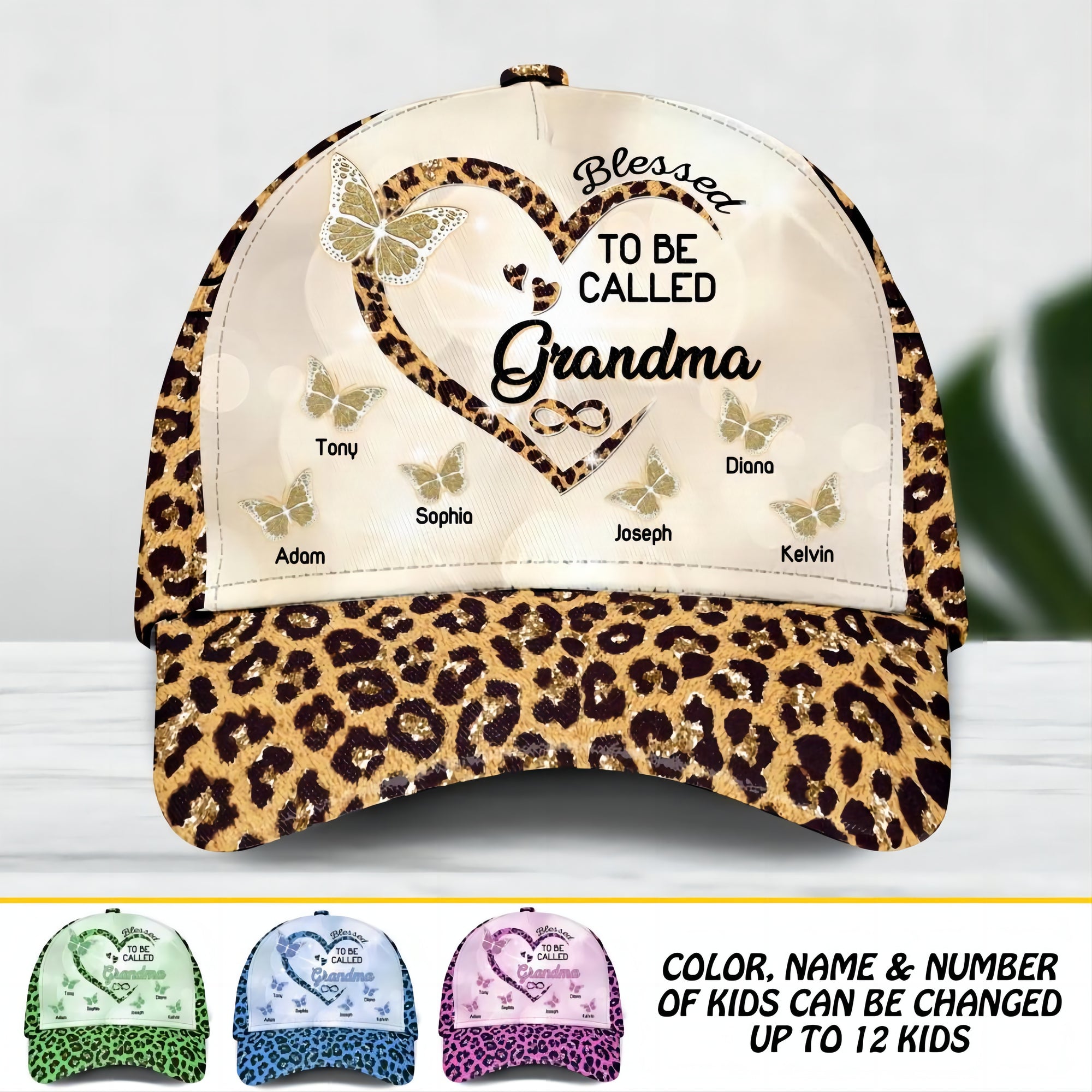 Personalized Blessed to Be Called Grandma Kid Heart Leopard 3d Cap