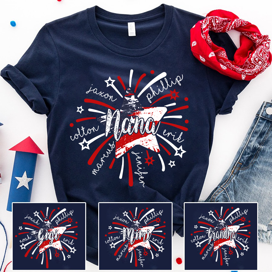 Personalized Nana And Grandkids Firework American Flag T-Shirt