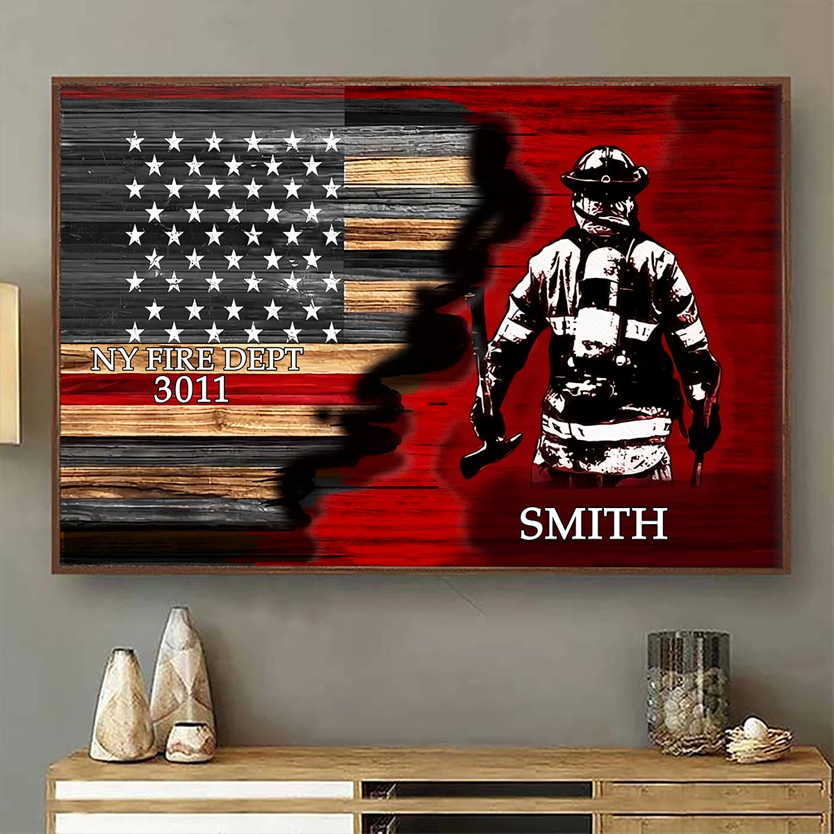 Half Thin Red Line Bunker Gear, Personalized Firefighter Canvas Print