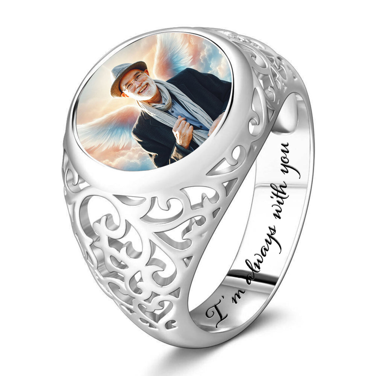 Personalized Round Memorial Photo Wings Ring