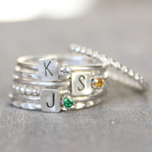 Personalized Birthstone Ring with Initials Stacking Rings - Mother's Rings