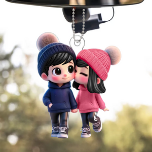 Cute Cartoon Couple Walking Personalized Car Ornament, Gift for him, her