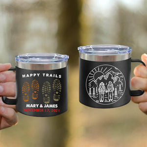 Happy Trails Adventure Awaits Hiking Camping Couple Gift - Personalized 14oz Stainless Steel Tumbler With Handle