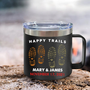 Happy Trails Adventure Awaits Hiking Camping Couple Gift - Personalized 14oz Stainless Steel Tumbler With Handle