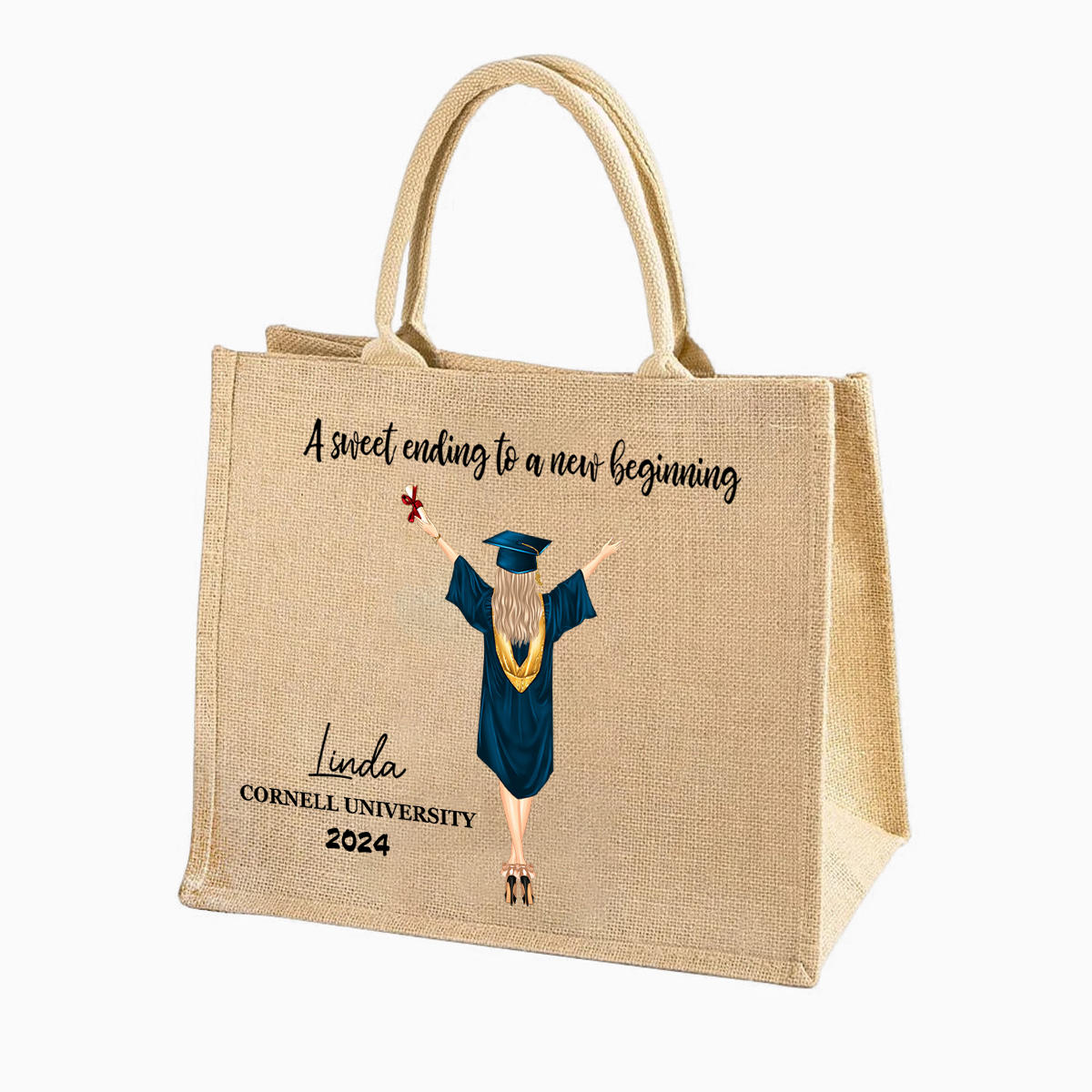 A Sweet Ending To A New Beginning - Personalized Jute Tote Bag - Graduation Gift