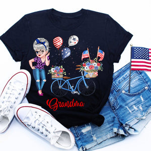 Personalized T-Shirt - 4th of July Grandma Mom Bike With Little Balloon Kids