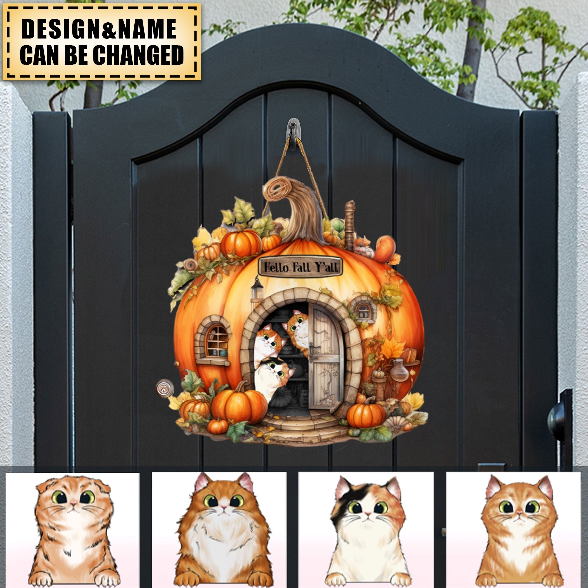 Personalized Hell Fall Y'all Pumkim Cat Lovers Wood Sign Door