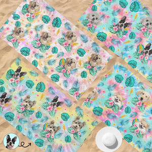 Custom Photo Happy Tails In Summer Trails - Dog & Cat Personalized Custom Beach Towel - Summer Vacation Gift