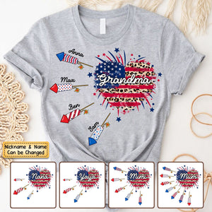 4th of July Heart Patriotic Firework Grandma with Grandkids Personalized Pure Cotton T-Shirt