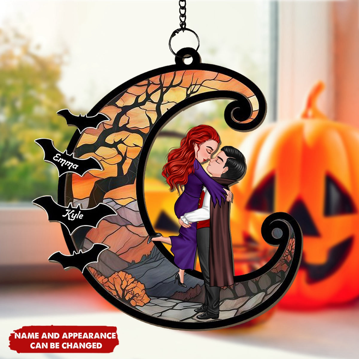 Halloween Couple Hugging Kissing On Moon - Personalized Window Hanging Suncatcher Ornament