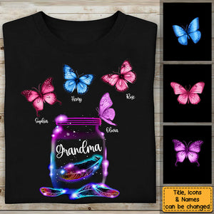 Personalized Gift for Grandma Mom Neon Butterfly T-Shirt