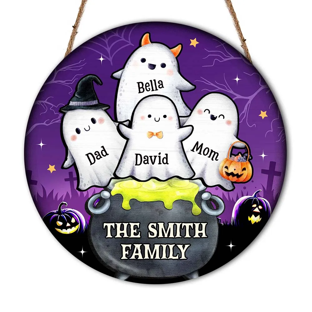 Family Potion Pot Boo - Personalized Halloween Round Wood Sign