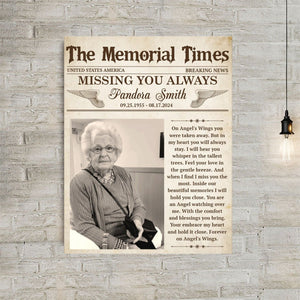 Personalized Memorial Newspaper Canvas Poster,Missing You Always Gift