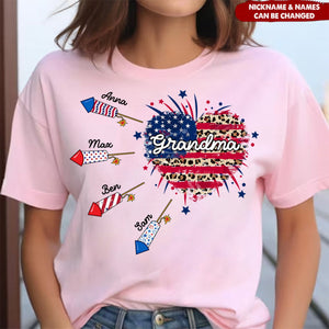 4th of July Heart Patriotic Firework Grandma with Grandkids Personalized Pure Cotton T-Shirt