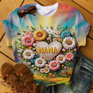 Personalized Gift For Grandma Floral Heart 3D T-Shirt