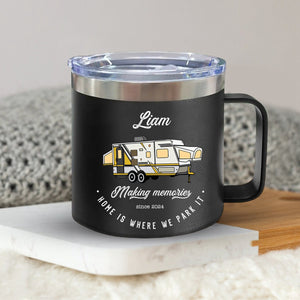 Home Is Where We Park It Camping- Camper Couple Gift - Personalized 14oz Stainless Steel Tumbler With Handle