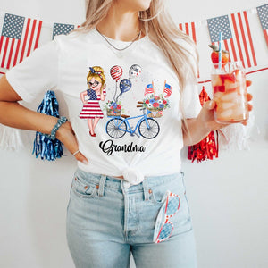 Personalized T-Shirt - 4th of July Grandma Mom Bike With Little Balloon Kids