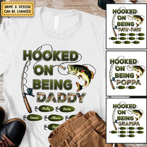 Personalized Hooked On Being Dad/Grandpa Fishing Camouflage Pure Cotton T-Shirt