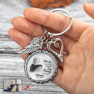 Personalized Memorial Photo Small Disc Keychain With Wings Heart Charm