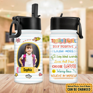 Personalized Back To School Affirmation Kids Water Bottle With Straw Lid