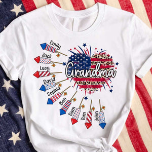 4th of July Heart Patriotic Firework Grandma with Grandkids Personalized Pure Cotton T-Shirt