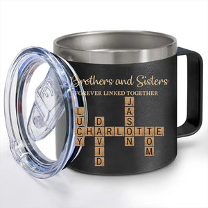 Brothers & Sisters Forever Linked Together Crossword Puzzle Art Personalized 14oz Stainless Steel Tumbler With Handle