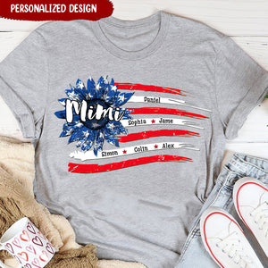 Personalized Grandma Mom Sunflower Flag Independence Day T-shirt