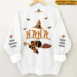 Personalized Nana Life Witch Halloween Sweatshirt, Custom Grandma With Grandkids Name On The Sleeve Halloween Sweatshirt