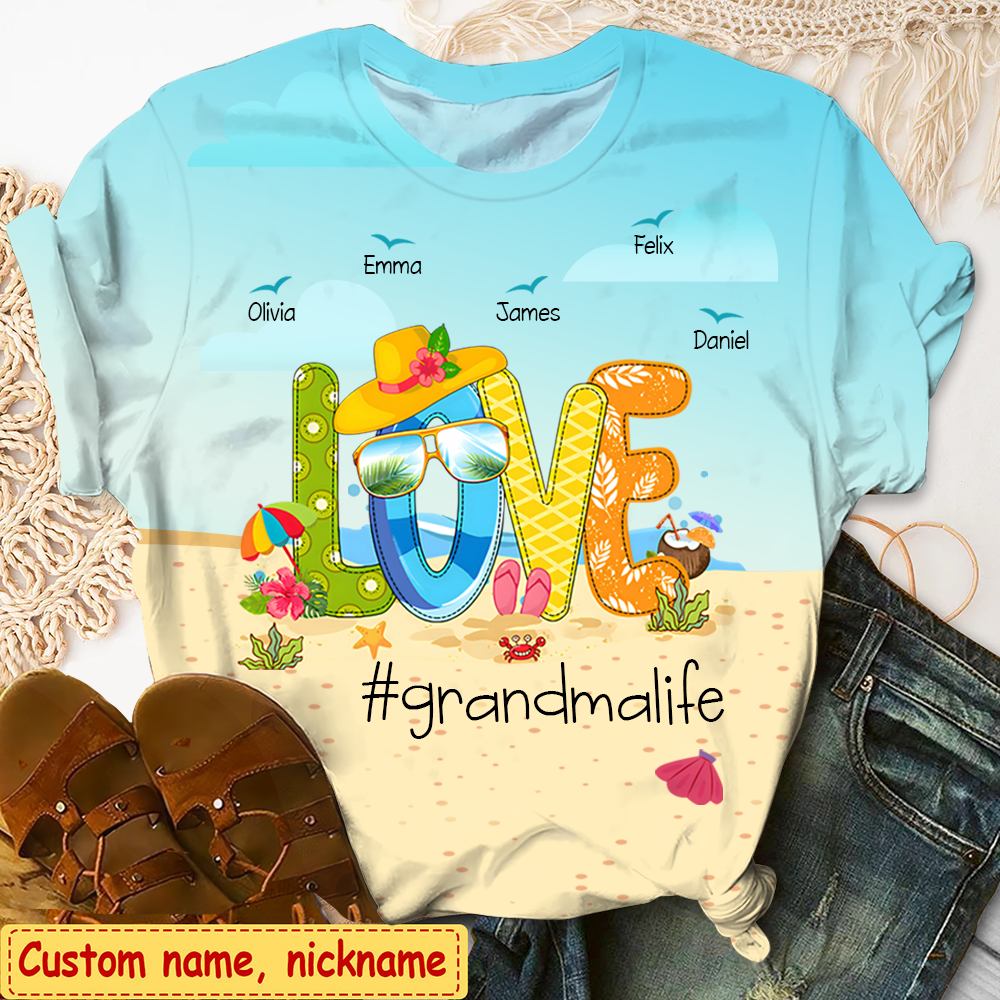 Personalized Love Grandma Life Beach Summer 3D T-Shirt