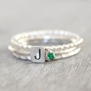 Personalized Birthstone Ring with Initials Stacking Rings - Mother's Rings