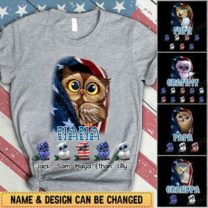 Personalized Owl Grandma Grandpa Kid Independence Day T-shirt