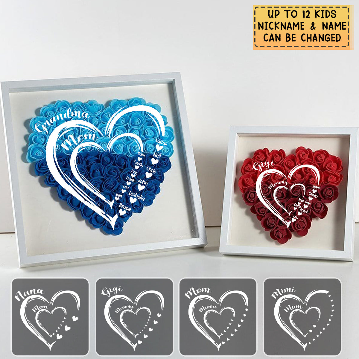 Grandma Hearts Mommy Hearts - Personalized Flower Shadow Box