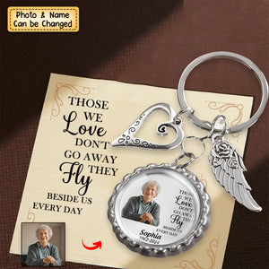 Personalized Memorial Photo Small Disc Keychain With Wings Heart Charm