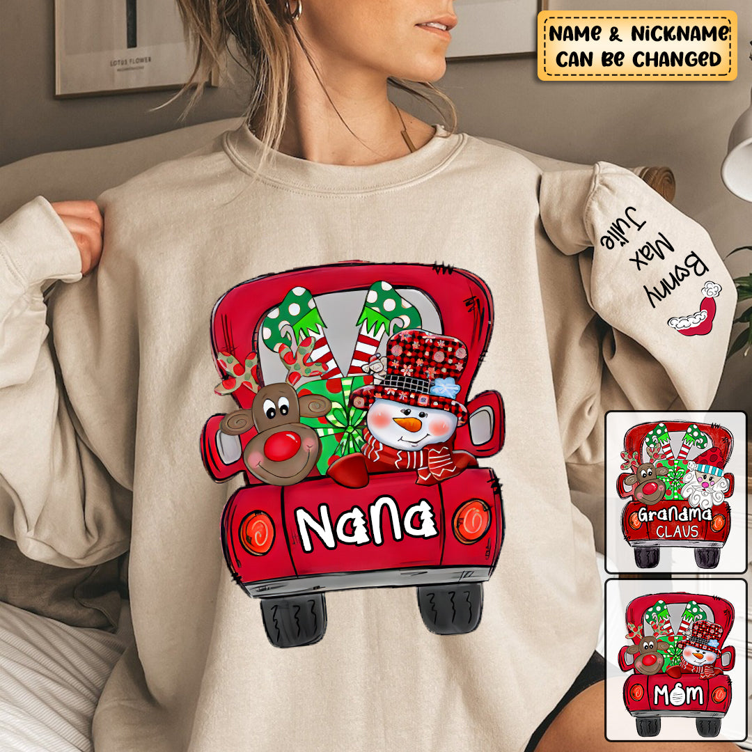 Personalized Grandma Claus Snowman Truck Christmas and Grandkids Sweatshirt